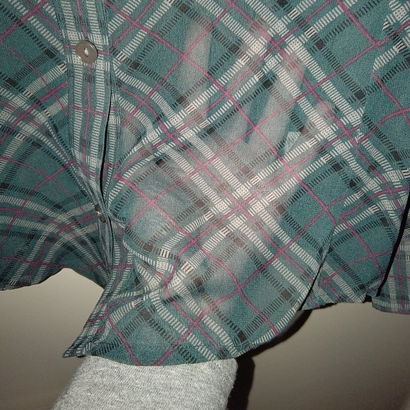 Banana Republic, plaid chiffon blouse, sheer, Christmas colors, size M - Picture 2 of 2